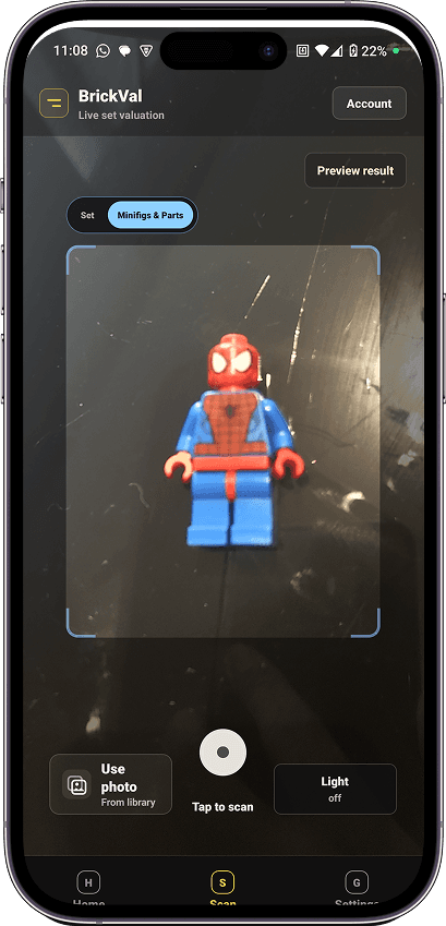 BrickVal camera scanner focused on a Spider-Man LEGO minifigure